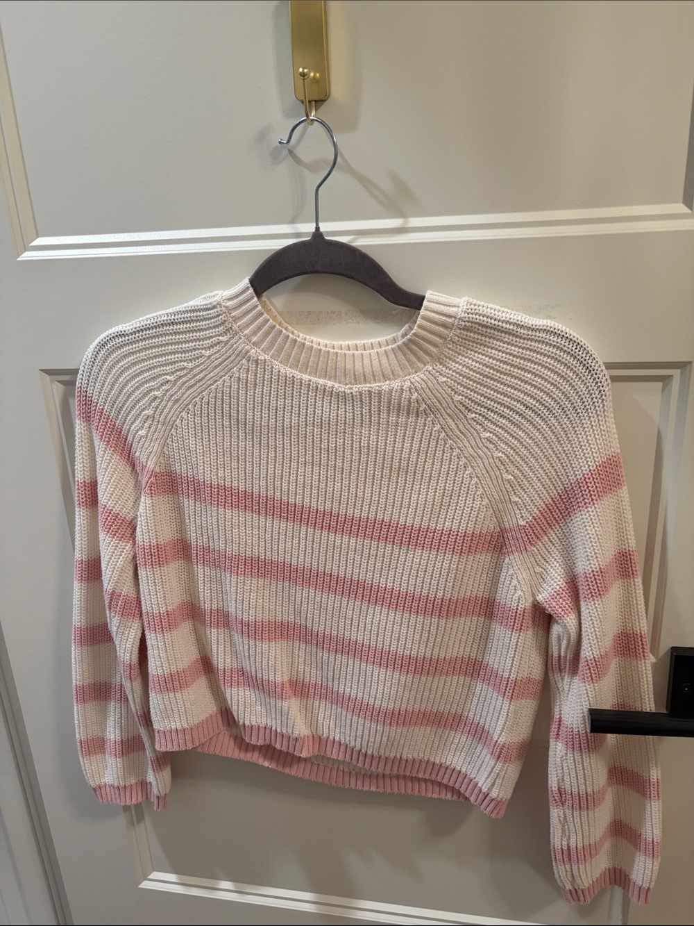 Cream & Pink Striped Cropped Crewneck Sweater - Girls